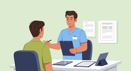 Doctor in blue scrubs consulting with a patient in a medical office.