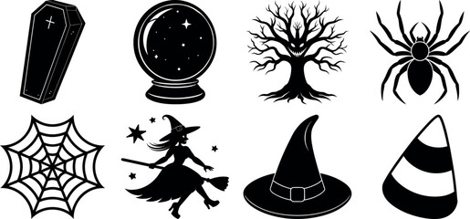 Set of halloween silhouettes black icon and character. witch, creepy and spooky elements for halloween decorations, sticker. Vectors on isolated background.
