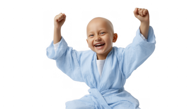 Young boy with bald head joyfully shows enthusiasm, created with AI, PNG