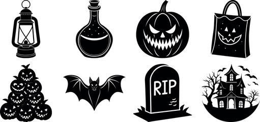 Set of halloween silhouettes black icon and character. witch, creepy and spooky elements for halloween decorations, sticker. Vectors on isolated background.