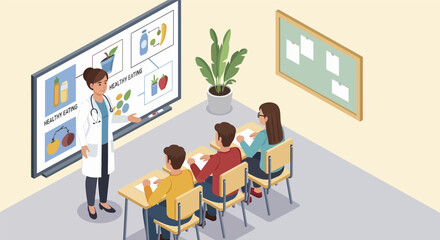 Nutritionist Teaching Healthy Eating to Students in Classroom Setting.
