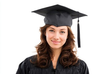 Female graduate student in cap and gown set against a white background