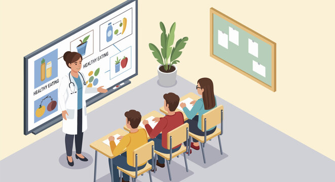 Nutritionist Teaching Healthy Eating to Students in Classroom Setting.