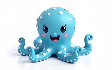 A 3D rendered illustration of a cartoon octopus is presented against a white background. The octopus is depicted with a bright blue body covered in small white spots. the octopus is cute and cuddly.