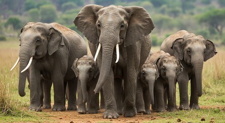 Group of African Elephants Walking in Grassland on a Cloudy Day