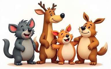 A whimsical group of cartoon animals stands together. High quality