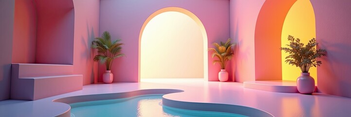 Pastel colored interior with arched openings and a pool.