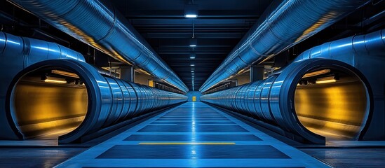 Futuristic blue industrial corridor with illuminated tunnels.