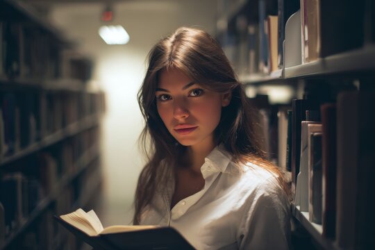 Female reader in a library against a white backdrop