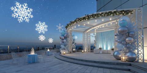 Modern Frozen-themed celebration with metallic icy balloons, LED-lit snowflake garlands, and a mirrored shimmer backdrop, in a luxury winter rooftop setting, HD.
