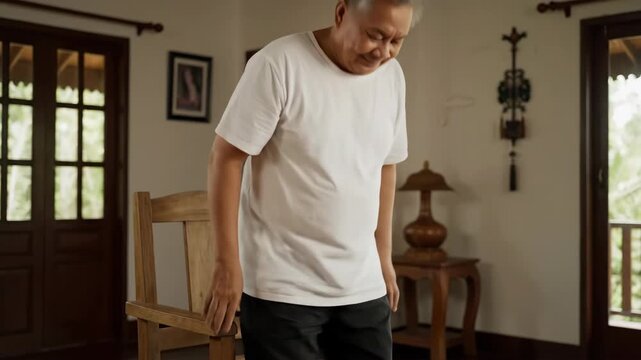 Exercise by getting up and standing from a chair. - An older Asian man with graying hair sits in a wooden chair, appearing to be experiencing discomfort or pain.