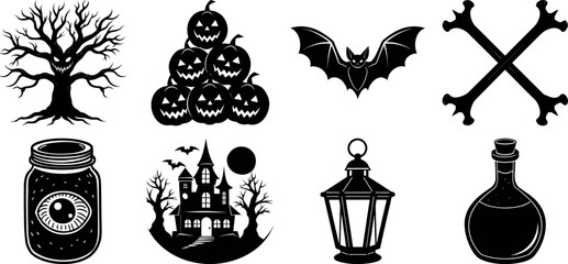 Set of halloween silhouettes black icon and character. witch, creepy and spooky elements for halloween decorations, sticker. Vectors on isolated background.