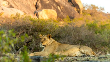 Naklejka premium Lioness resting in savanna (1)