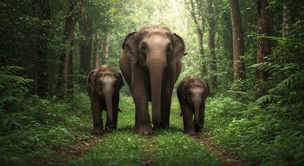 Fototapeta premium Family of Elephants Walking in Lush Green Forest During Daylight