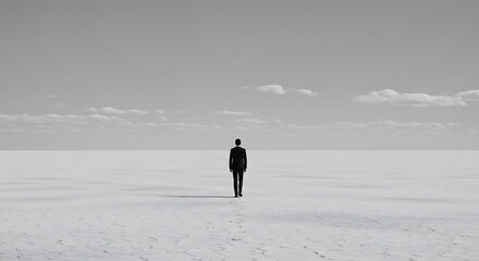 Man Walking Alone on Vast Salt Flat Under Wide Open Sky