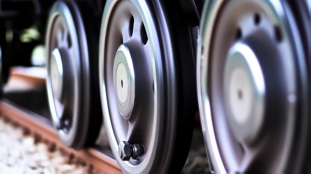 Close-up of three train wheels on tracks, showcasing detailed metalwork and a shallow depth of field.