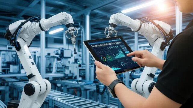 An engineer uses a tablet to control robotic arms in a modern factory, showcasing advanced automation and smart industrial systems