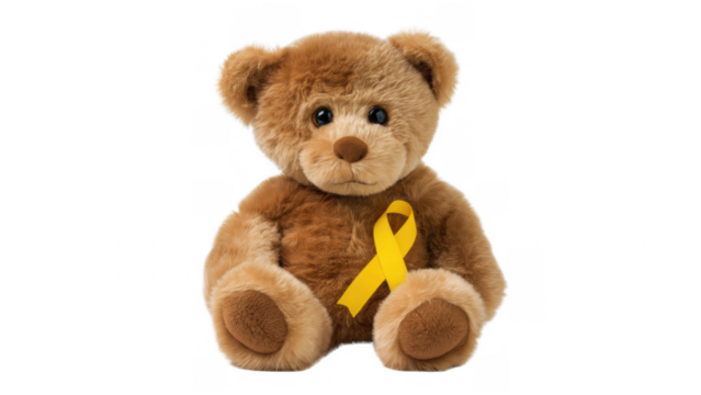 Teddy bear with a yellow support ribbon, created with AI, PNG