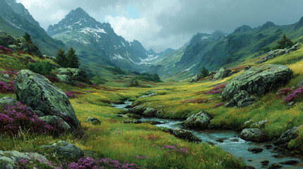 Vast Mountain Valley with Blooming Moss and Stream 