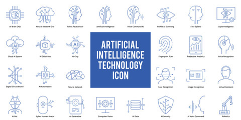 Set of artificial intelligence technology related icons in blue outline style design
