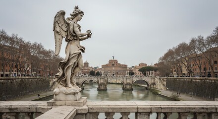Fototapeta premium Elegant Classical Angel Statue Overlooking River in Historic Urban Setting