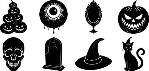 Set of halloween silhouettes black icon and character. witch, creepy and spooky elements for halloween decorations, sticker. Vectors on isolated background.