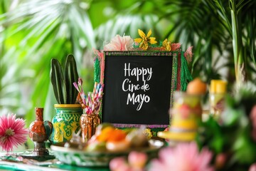 Happy cinco de mayo celebration with traditional decorations and food on table