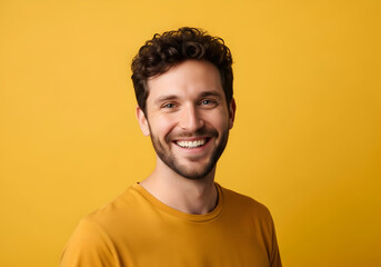 Fototapeta premium Happy smiling man portrait yellow background joyful cheerful positive expression model headshot studio shot guy male person young adult