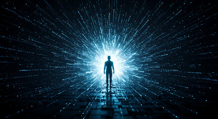 Human silhouette standing in front of a luminous digital explosion