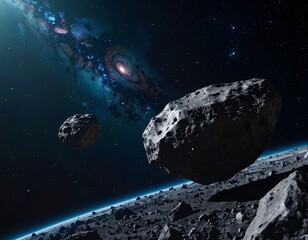 Asteroid field orbiting a planet near a vibrant galaxy