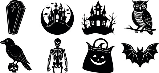 Set of halloween silhouettes black icon and character. witch, creepy and spooky elements for halloween decorations, sticker. Vectors on isolated background.