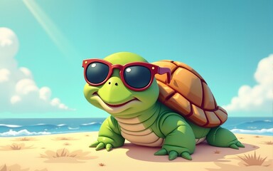 cute funny cartoon turtle on the beach wearing sunglasses design. High quality