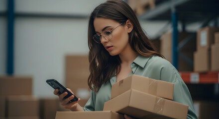 Young businesswoman managing inventory using smartphone in warehouse checking packages logistics business ecommerce entrepreneur
