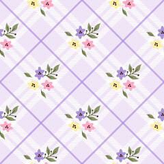 Obraz premium Floral Plaid Pattern for Spring Designs. Floral pattern on purple Diagonal Stripe Gingham background. Design for tartan, plaid, tablecloths, shirts, dresses, paper and more