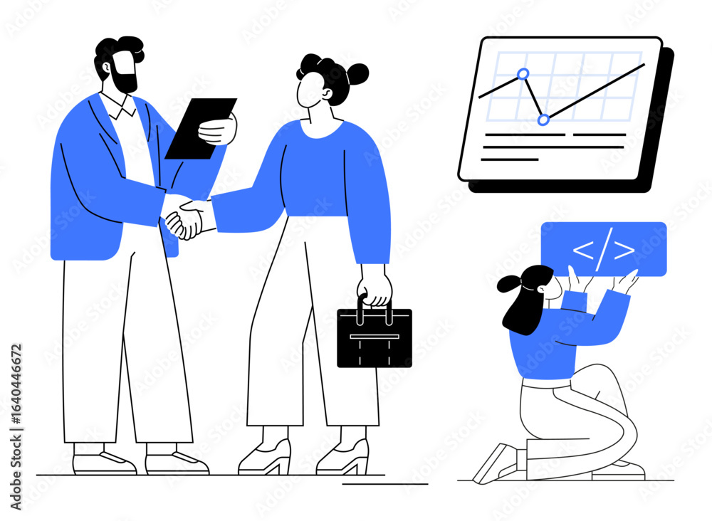 Poster business professionals shaking hands, analytics graph on screen, developer coding. ideal for teamwor