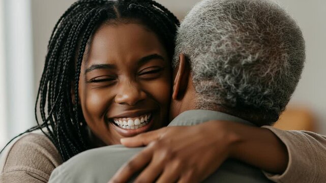 A young woman joyfully embraces her father, sharing a moment of love and connection, highlighting intergenerational family bonds and affection