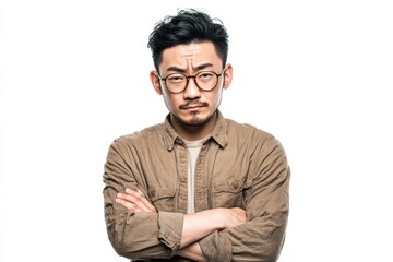 Image of a glum Asian man in glasses arms crossed against a white backdrop