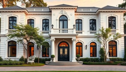 Elegant classic home exterior; stunning architecture, modern & traditional details,  stucco,  curb appeal