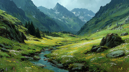 Vast Mountain Valley with Blooming Moss and Stream 
