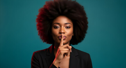 Confident Black Woman Keeping a Secret Silence Studio Portrait Professional Businessperson