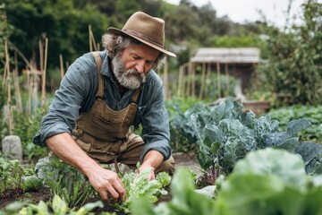 Image of a seasoned elder gardening vegetables in a spring kitchen garden