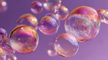 Colorful soap bubbles in motion against a purple backdrop