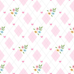 Sweet Floral Argyle with Hearts Seamless pattern. The soft pastel colors and playful layout make it perfect for girly textiles, nursery prints, baby shower decorations, scrapbooking, wrapping paper