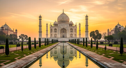 Naklejka premium Majestic sunrise over the iconic Taj Mahal monument in Agra, with a stunning reflection in the water.