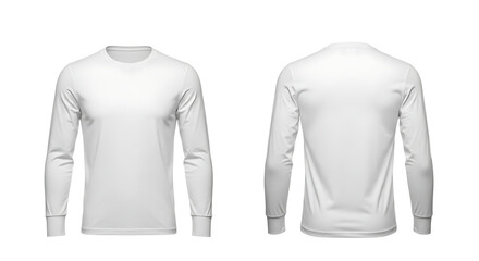 White long-sleeved t-shirt mockup showing front and back views. Blank apparel template isolated on white background for clothing design presentation.