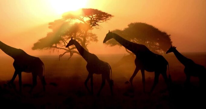 Four giraffes walking  under the sunset