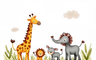 Naklejka premium Watercolor safari animals isolated on transparent background, baby illustrations. High quality
