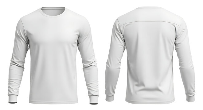 White long sleeve t-shirt mockup with front and back views. Blank apparel template concept for clothing design and brand presentation on isolated background.