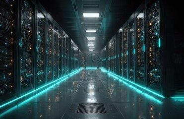 Fototapeta premium Server room, futuristic, glowing turquoise