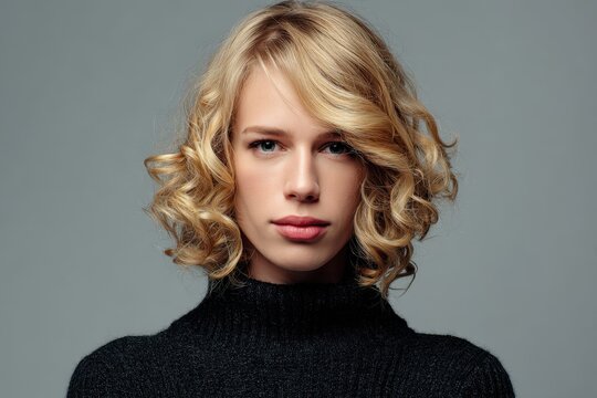 Image of a stunning transgender woman with blonde hair against a gray backdrop